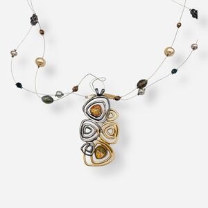 Chicos Necklace Gold Silver Tone Beaded Layered Strands Illusion Wire Chain Long